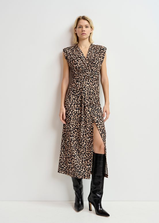 Brown stretch-jersey midi dress with leopard print