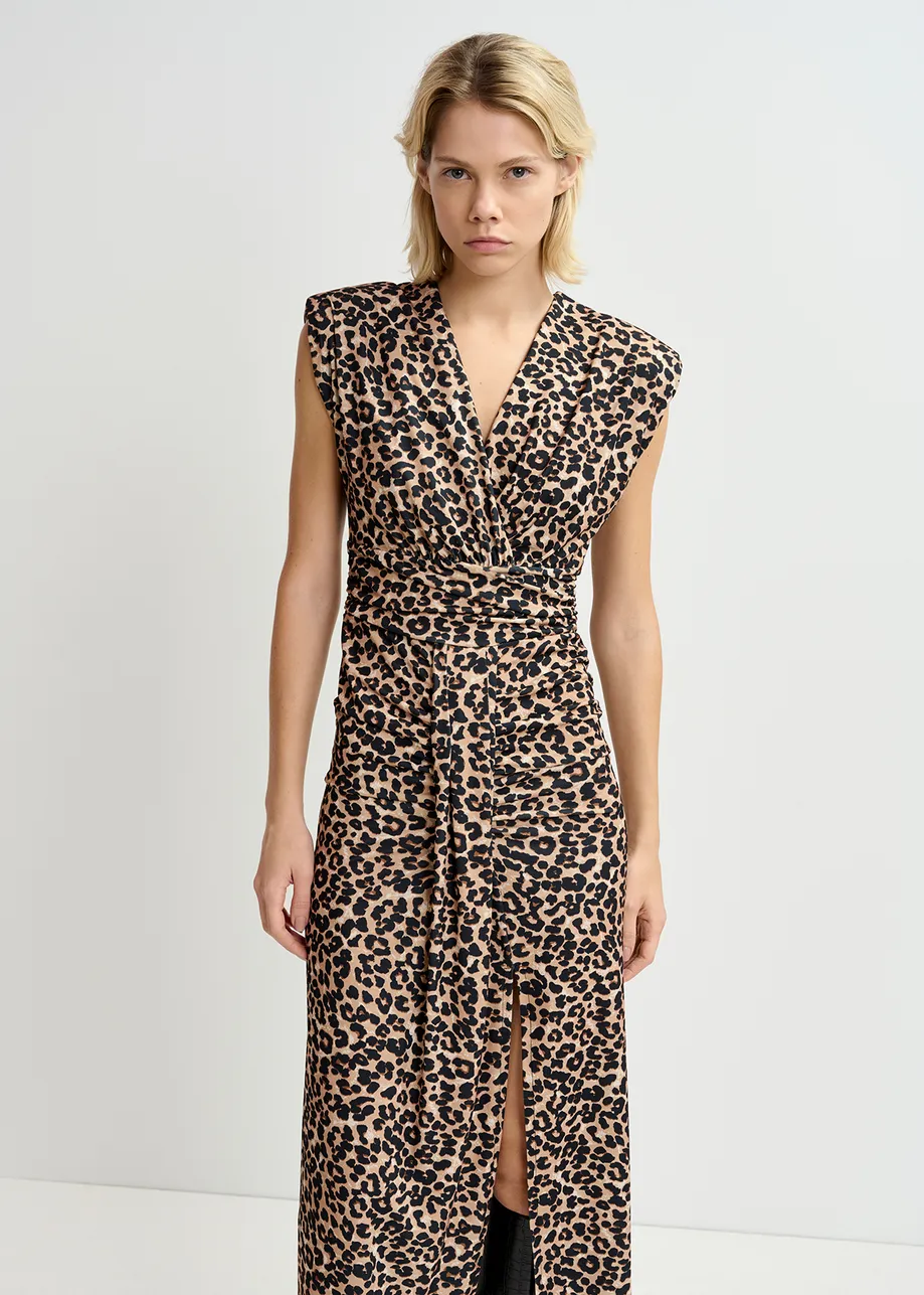 Brown stretch-jersey midi dress with leopard print