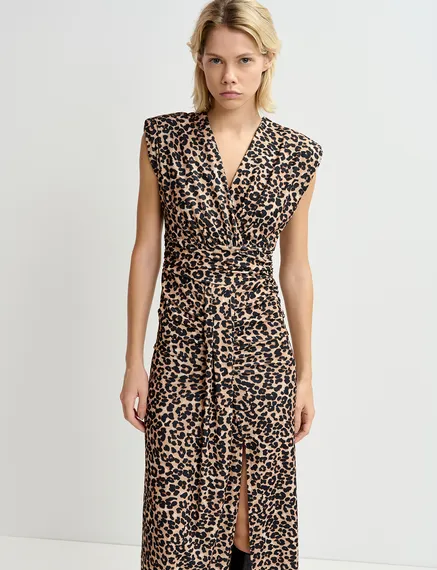 Bruine midi-jurk van stretch jersey met luipaardprint