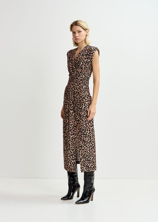 Braunes Midikleid aus Stretchjersey mit Leopardenprint