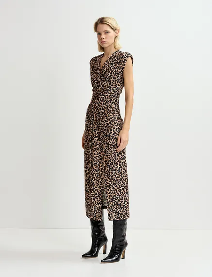 Bruine midi-jurk van stretch jersey met luipaardprint