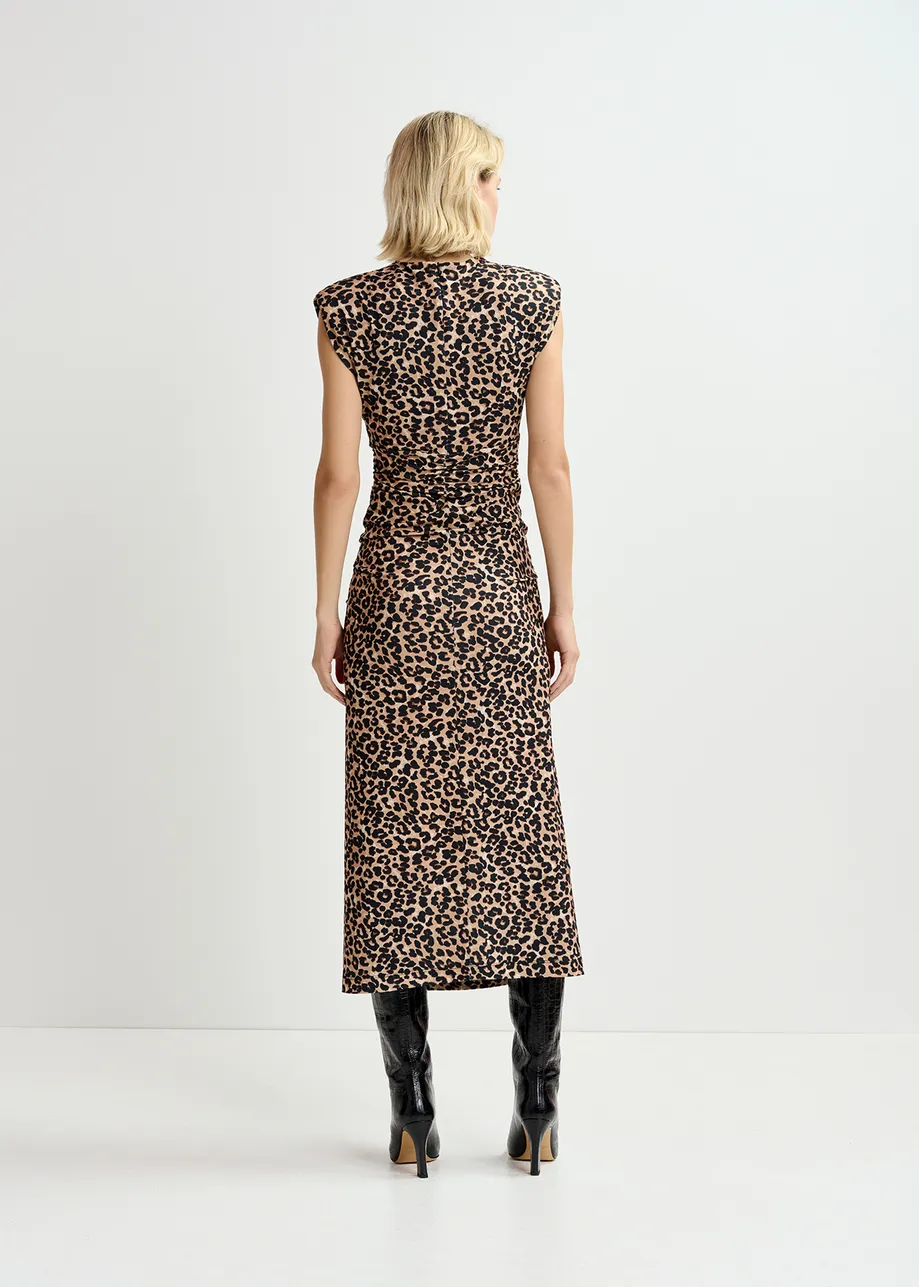 Brown stretch-jersey midi dress with leopard print