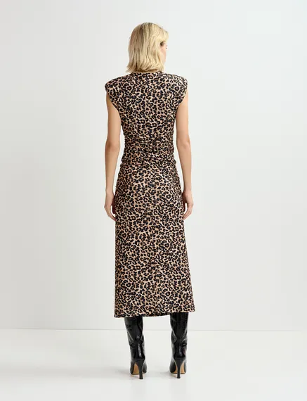 Bruine midi-jurk van stretch jersey met luipaardprint