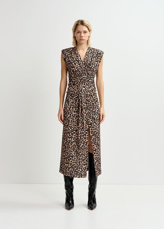 Braunes Midikleid aus Stretchjersey mit Leopardenprint