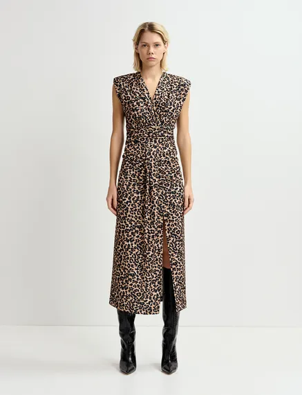 Brown stretch-jersey midi dress with leopard print