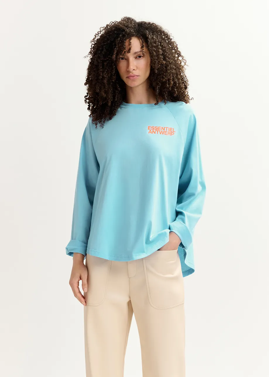 Blue organic cotton long-sleeved T-shirt with logo print