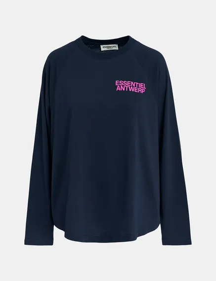 Navy blue organic cotton long-sleeved T-shirt with logo print