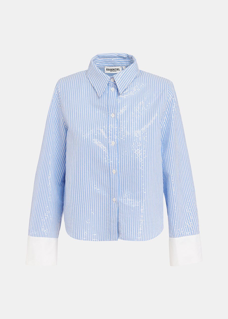 Blue and white striped sequin-embellished shirt