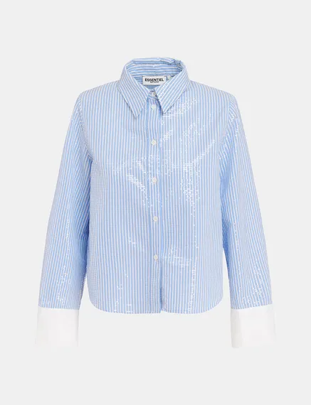 Blue and white striped sequin-embellished shirt