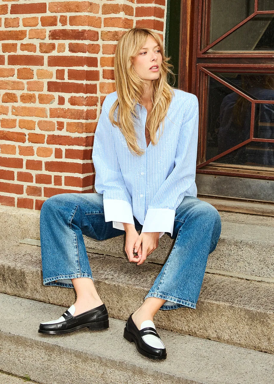 Blue and white striped sequin-embellished shirt