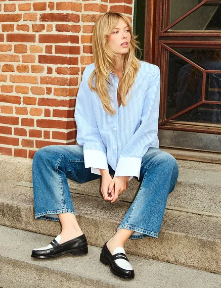 Blue and white striped sequin-embellished shirt