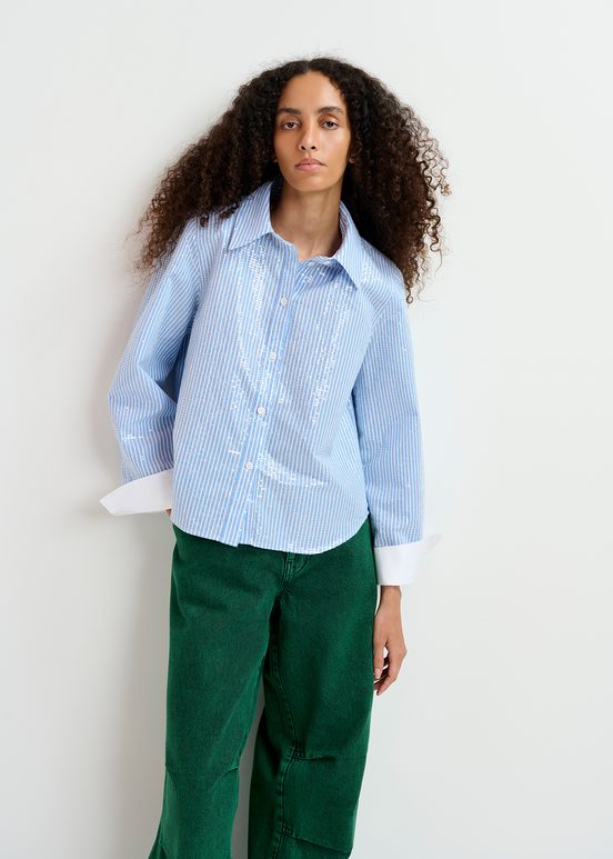 Blue and white striped sequin-embellished shirt