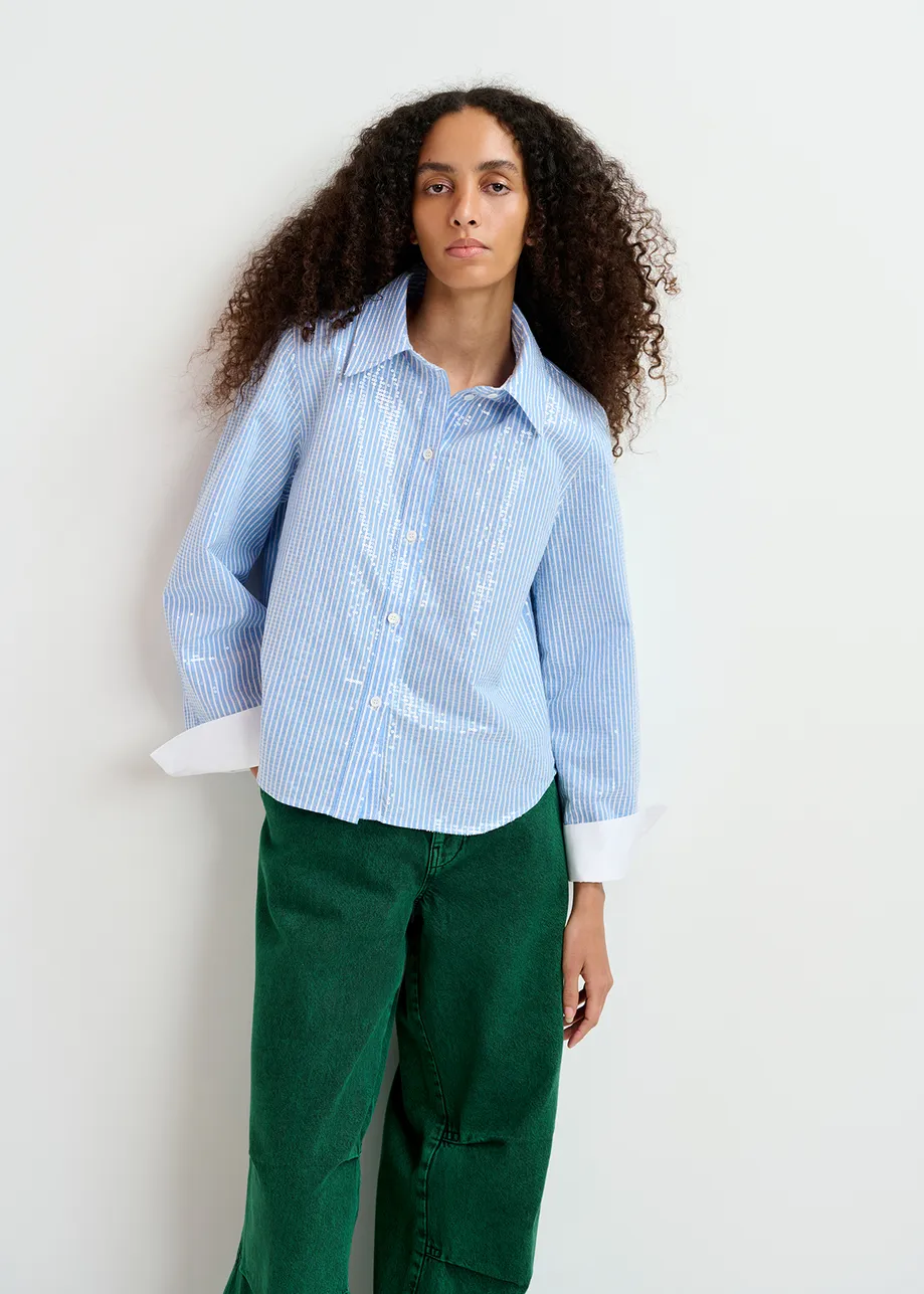 Blue and white striped sequin-embellished shirt