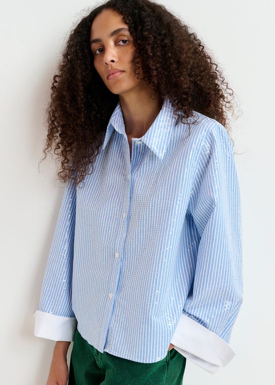 Blue and white striped sequin-embellished shirt