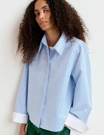 Blue and white striped sequin-embellished shirt