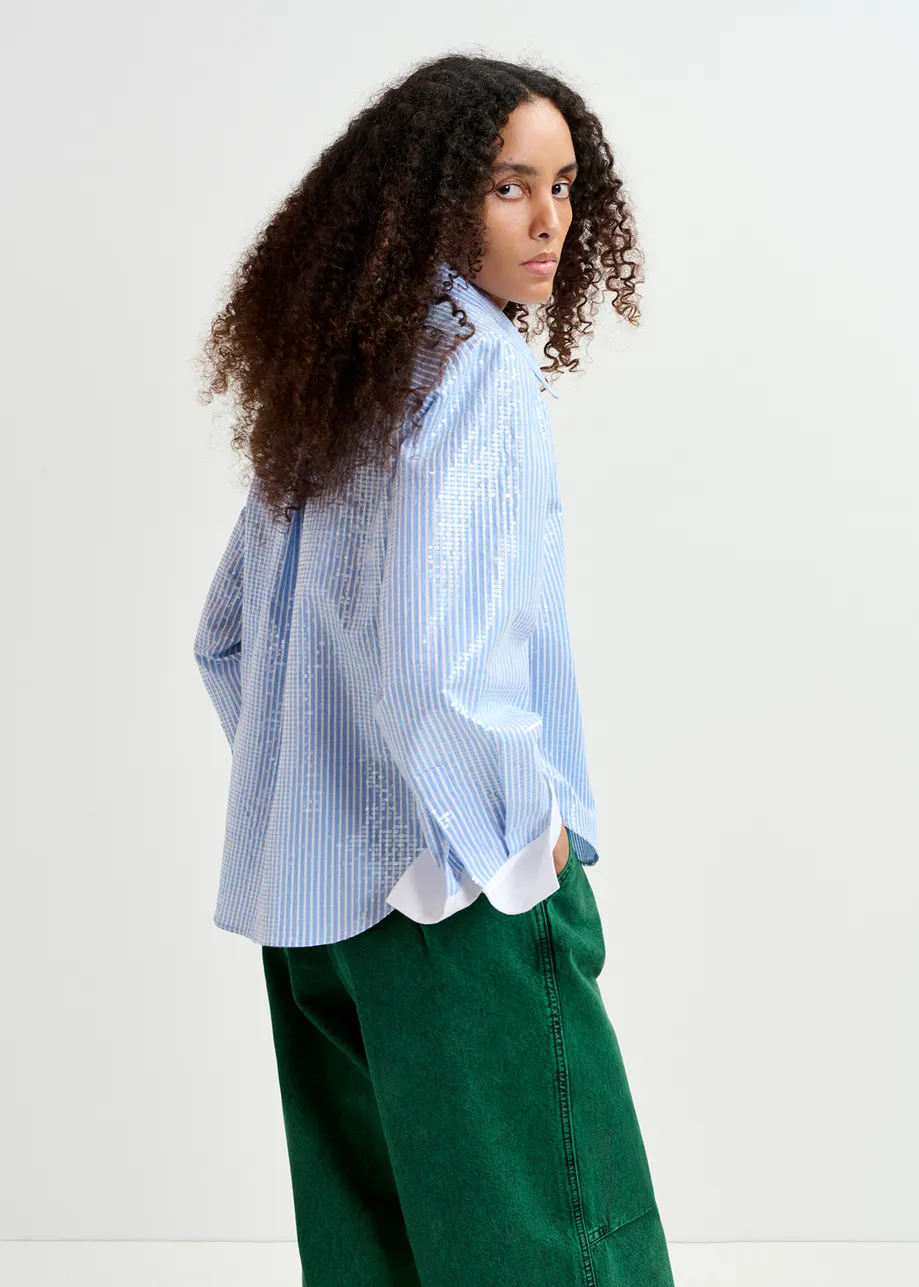 Blue and white striped sequin-embellished shirt