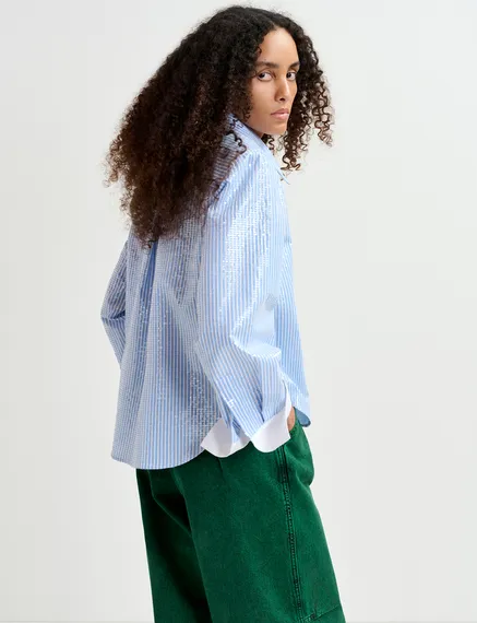 Blue and white striped sequin-embellished shirt