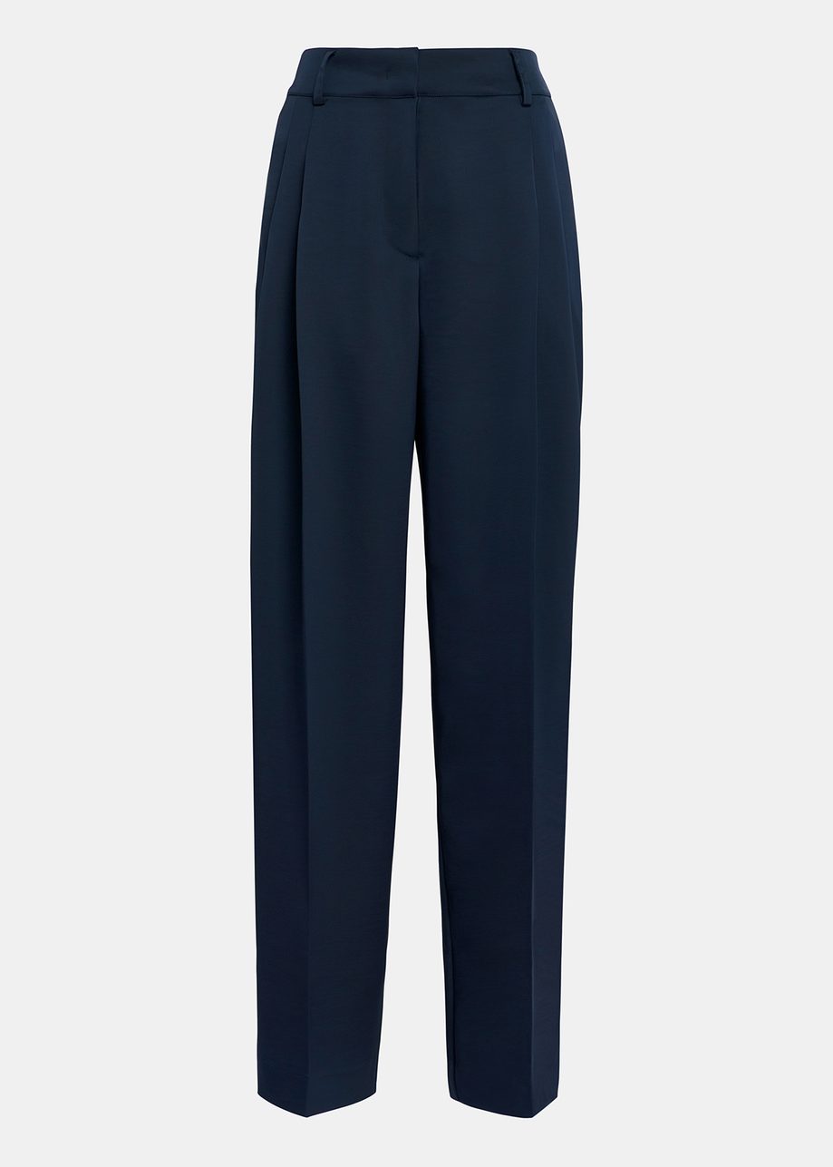 Navy blue tapered-leg satin pants