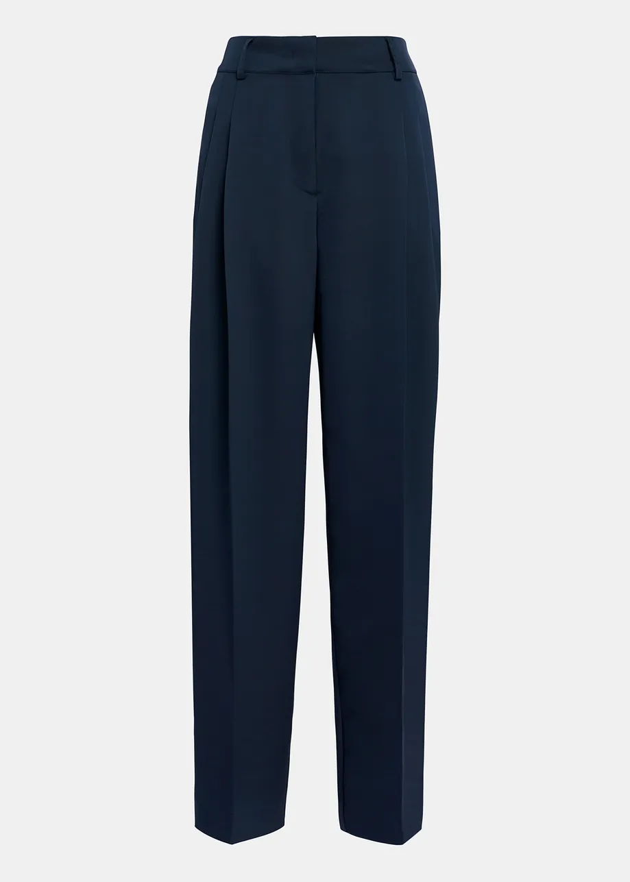 Navy blue tapered-leg satin pants