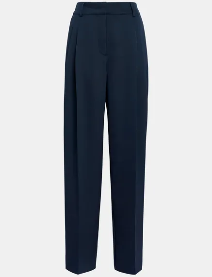 Navy blue tapered-leg satin pants