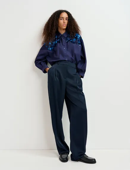 Navy blue tapered-leg satin pants