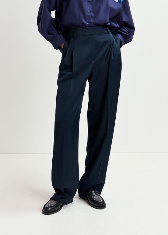 Navy blue tapered-leg satin pants