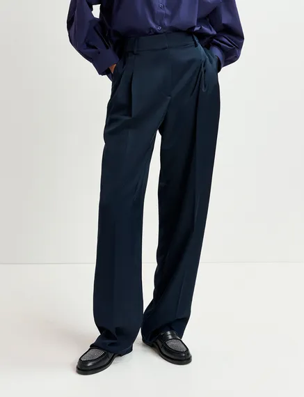 Navy blue tapered-leg satin pants