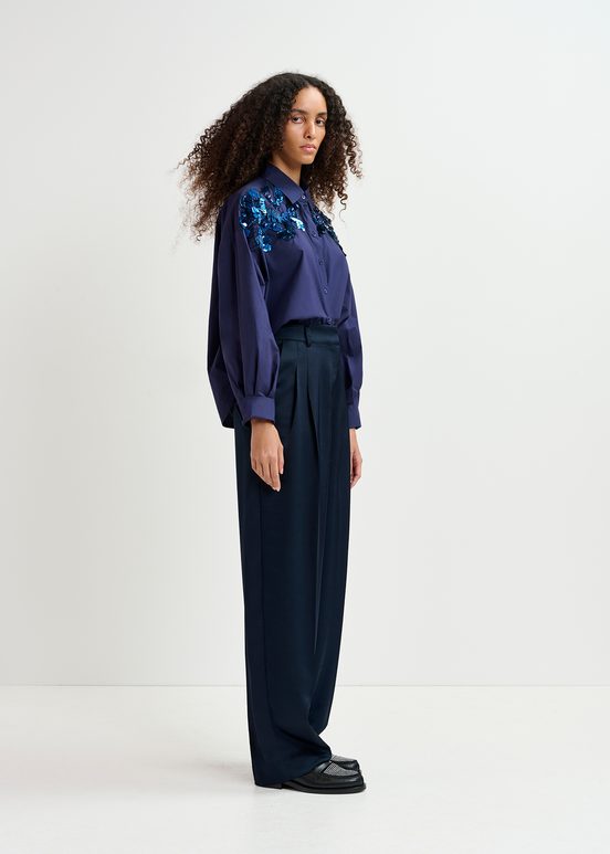 Navy blue tapered-leg satin pants