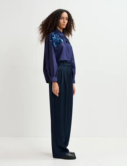 Navy blue tapered-leg satin pants