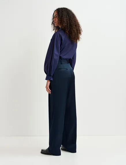 Navy blue tapered-leg satin pants