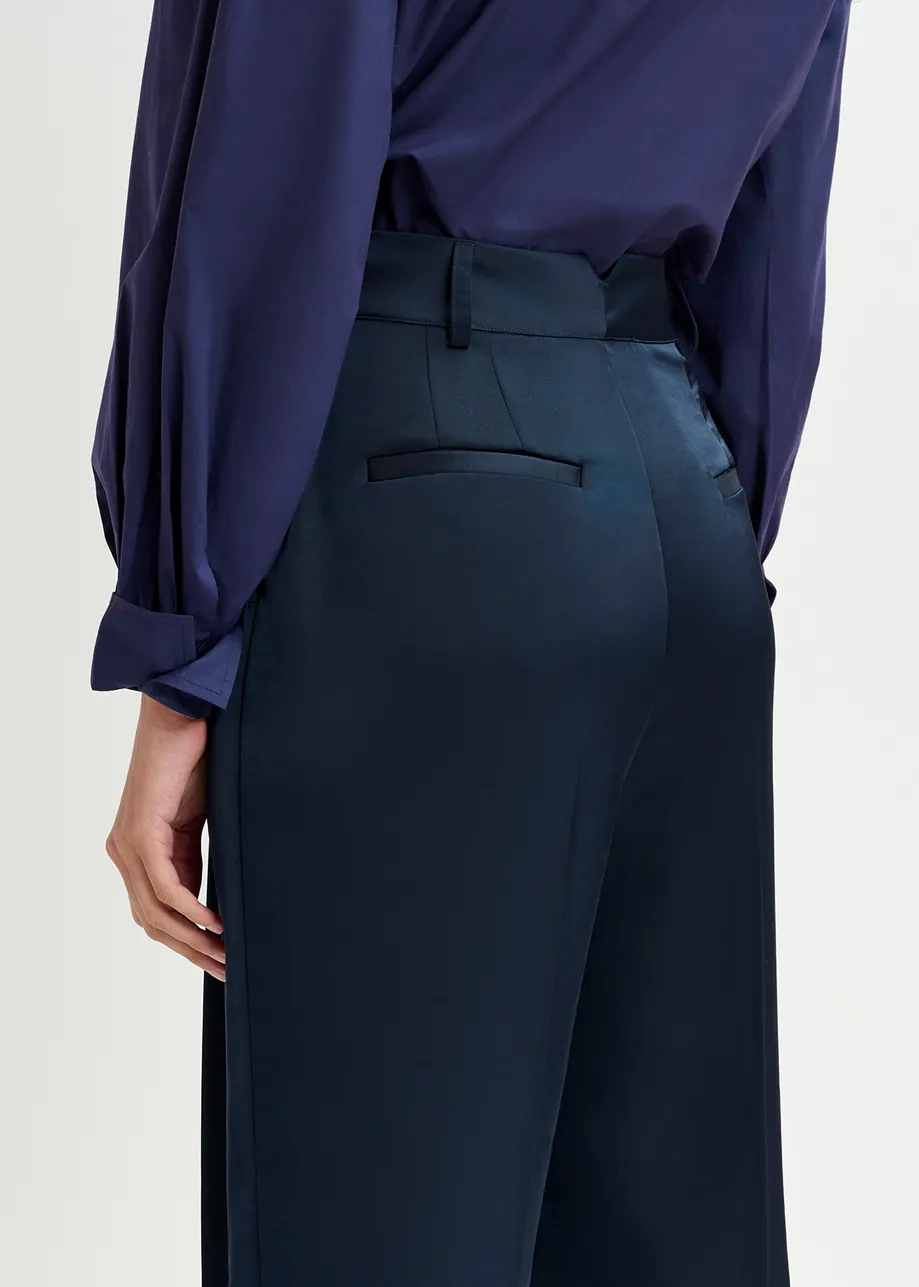 Navy blue tapered-leg satin pants