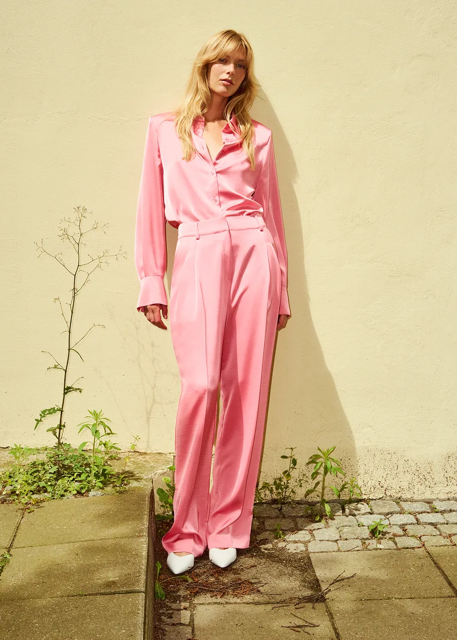 Pink tapered-leg satin pants