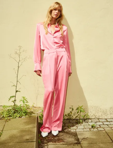 Pink tapered-leg satin pants