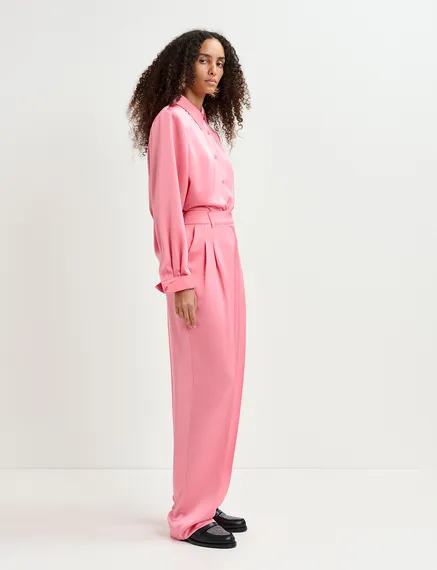 Pink tapered-leg satin pants