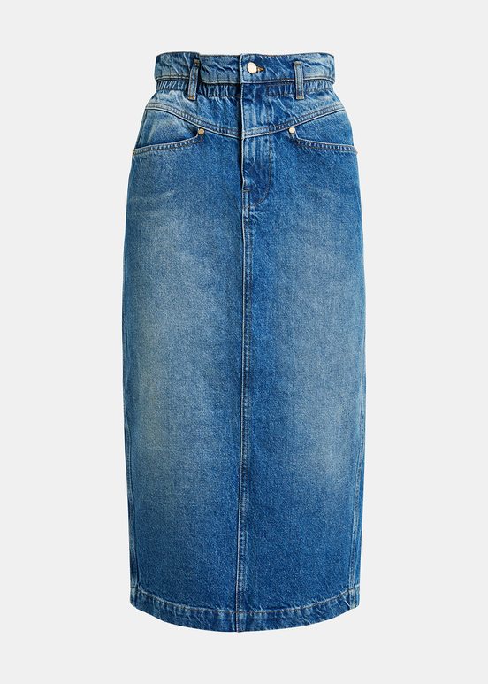 Blue denim midi skirt with paperbag waist