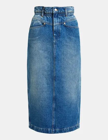 Jupe midi en denim bleu à taille paperbag