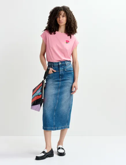 Blue denim midi skirt with paperbag waist