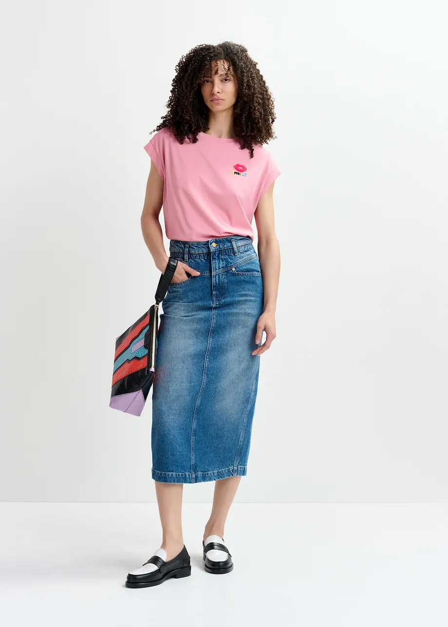 Blue denim midi skirt with paperbag waist