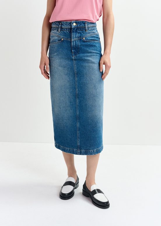 Jupe midi en denim bleu à taille paperbag