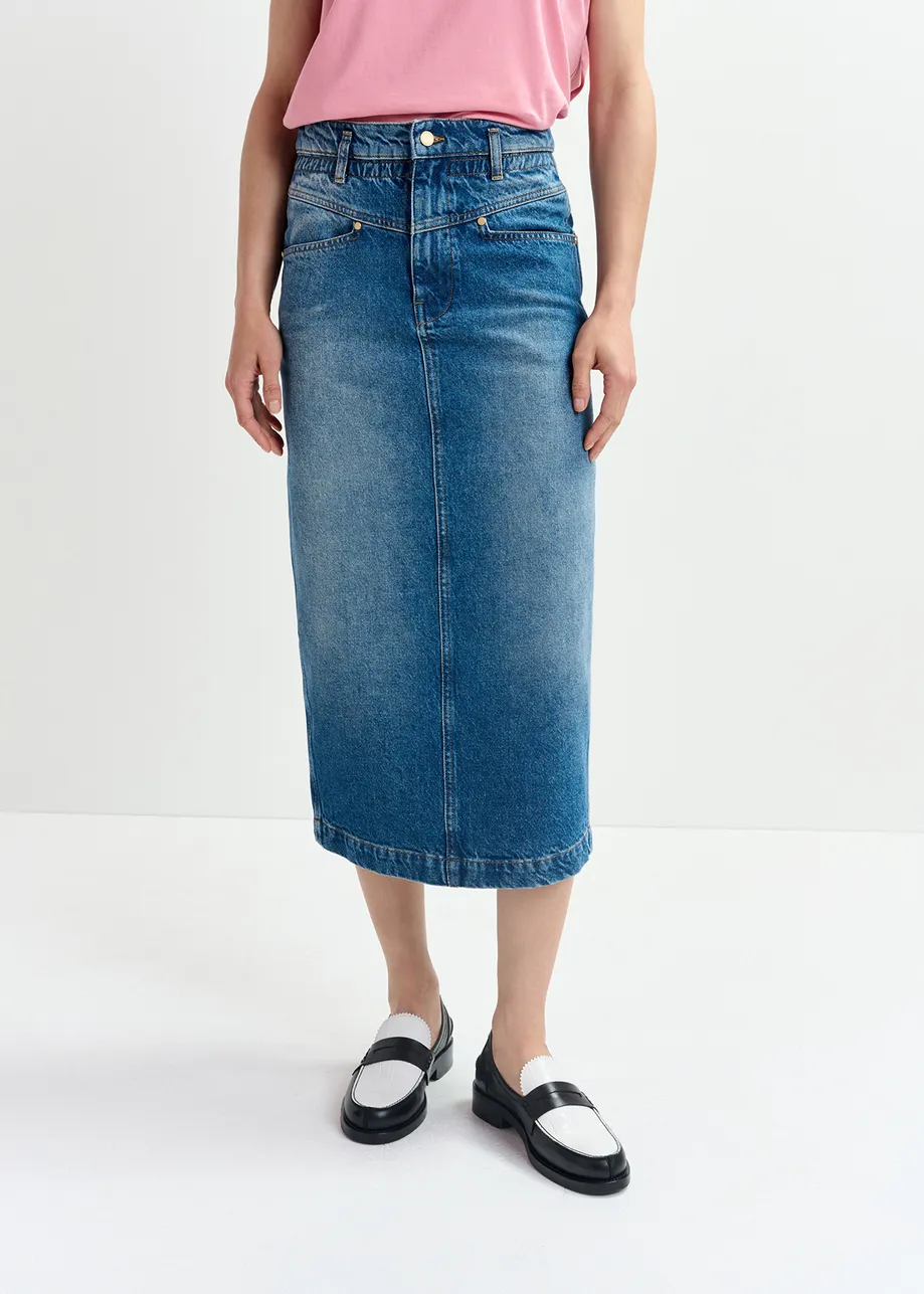 Blue denim midi skirt with paperbag waist