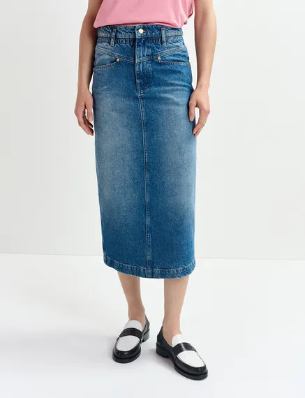 Blue denim midi skirt with paperbag waist