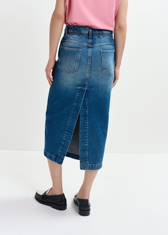 Blue denim midi skirt with paperbag waist