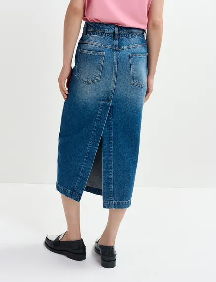 Blue denim midi skirt with paperbag waist