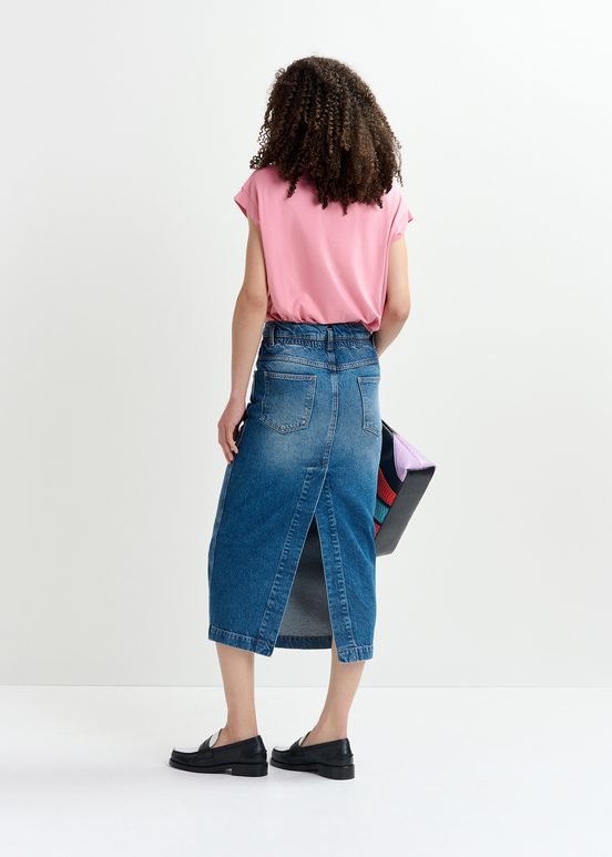 Blue denim midi skirt with paperbag waist