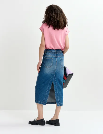 Jupe midi en denim bleu à taille paperbag