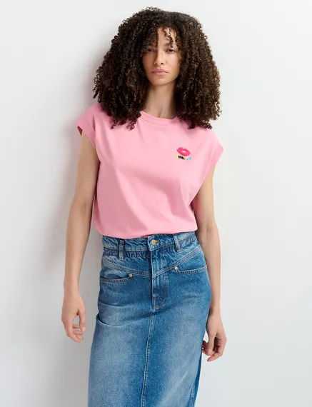 T-shirt en coton bio rose clair à broderie 