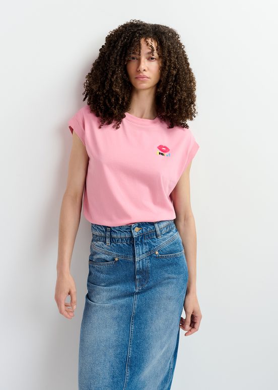 T-shirt en coton bio rose clair à broderie 