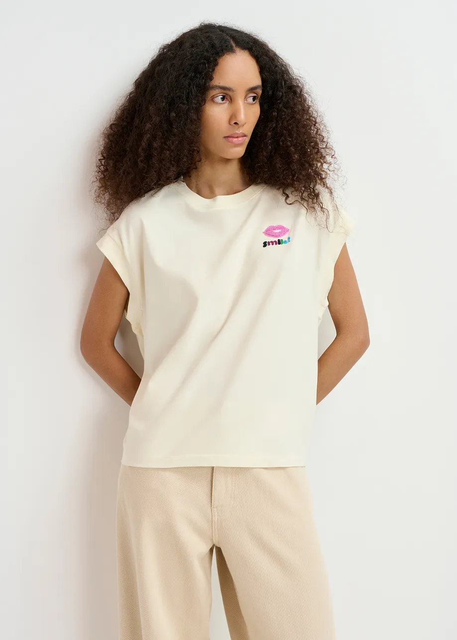 Ecru organic cotton T-shirt with embroidery