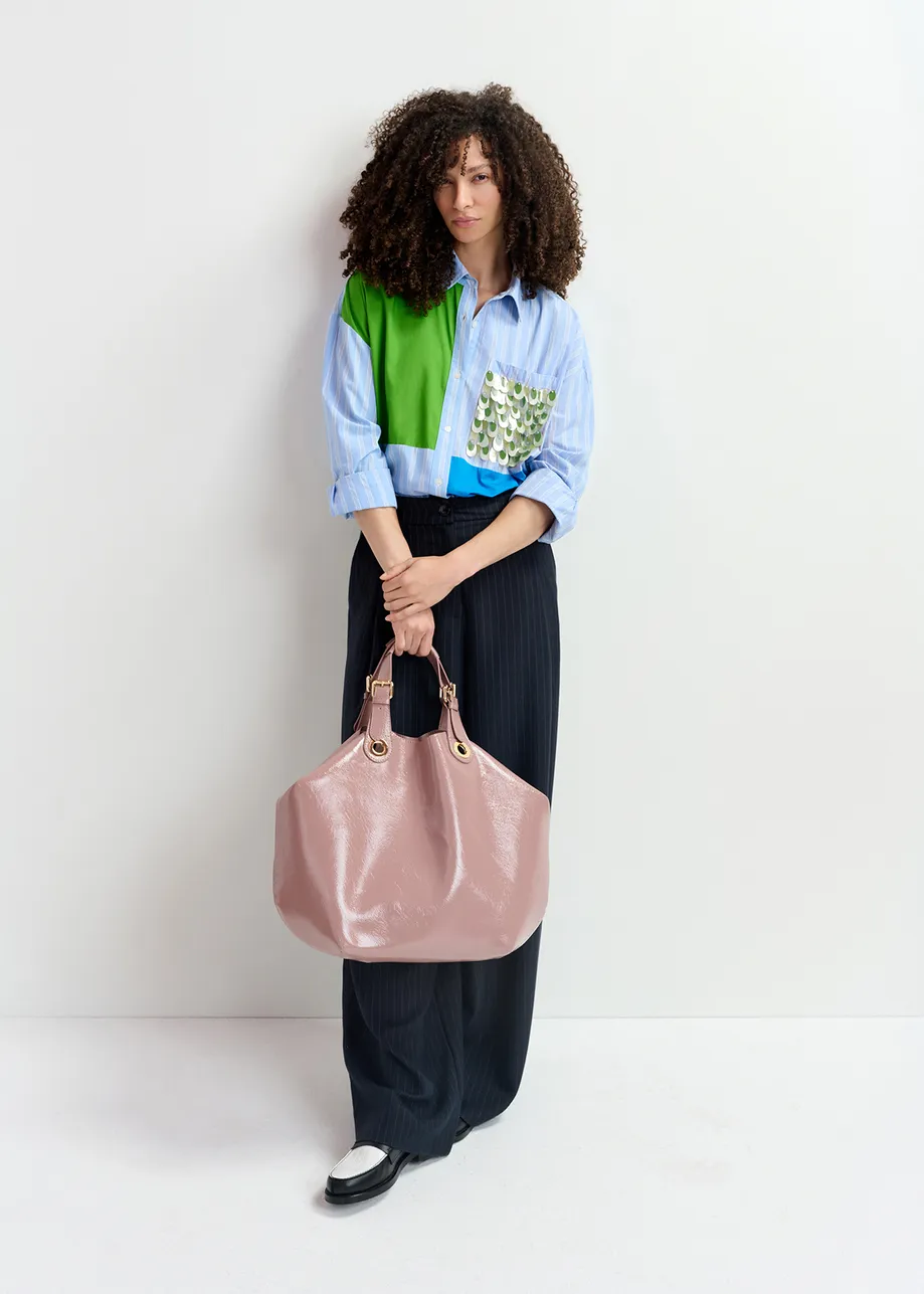 Blue and white striped patchwork shirt