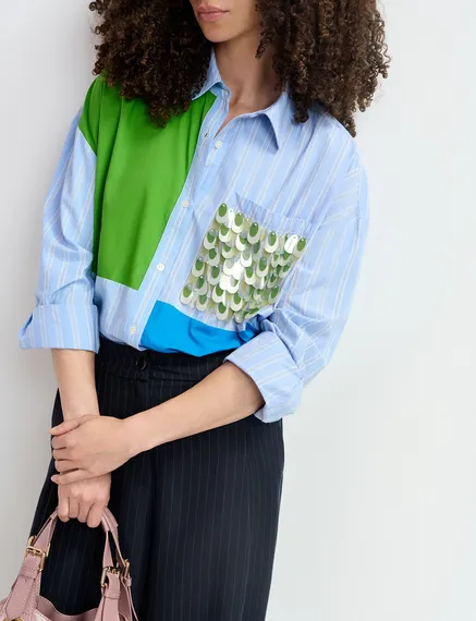 Blue and white striped patchwork shirt